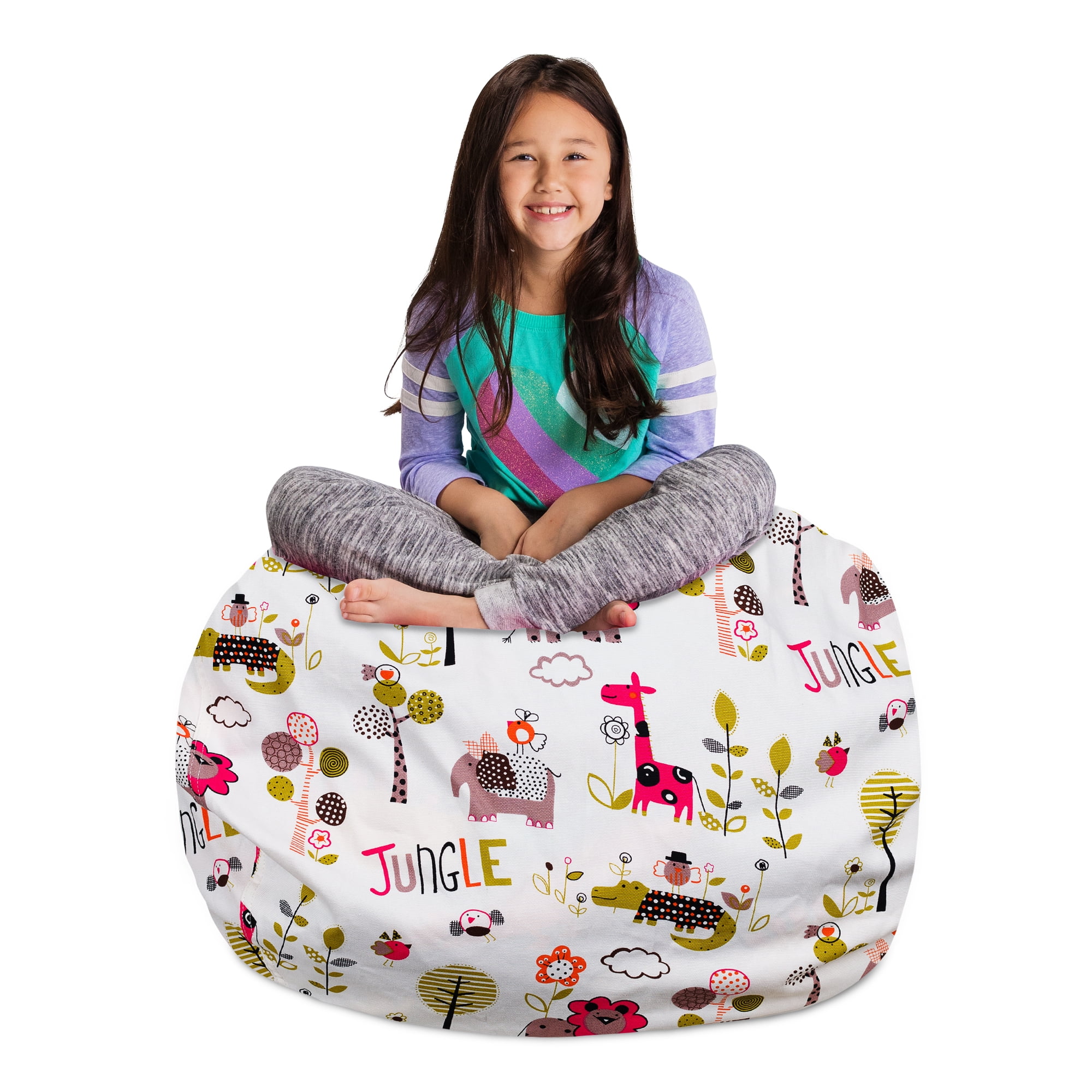 Posh Creations Bean Bag Stuffable Cover Only-Toy Organizer,Canvas,Kids,3 ft, Jungle Animals on White