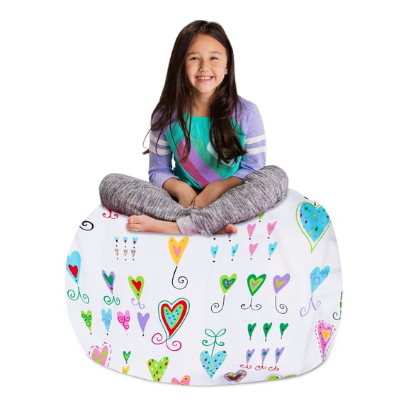 Posh Creations Bean Bag Stuffable Cover Only-Toy Organizer,Canvas,Kids,3 ft,Multicolor Hearts, White