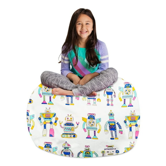 Posh Creations Bean Bag Stuffable Cover Only-Toy Organizer,Canvas,Kids,3 ft, Robots, White