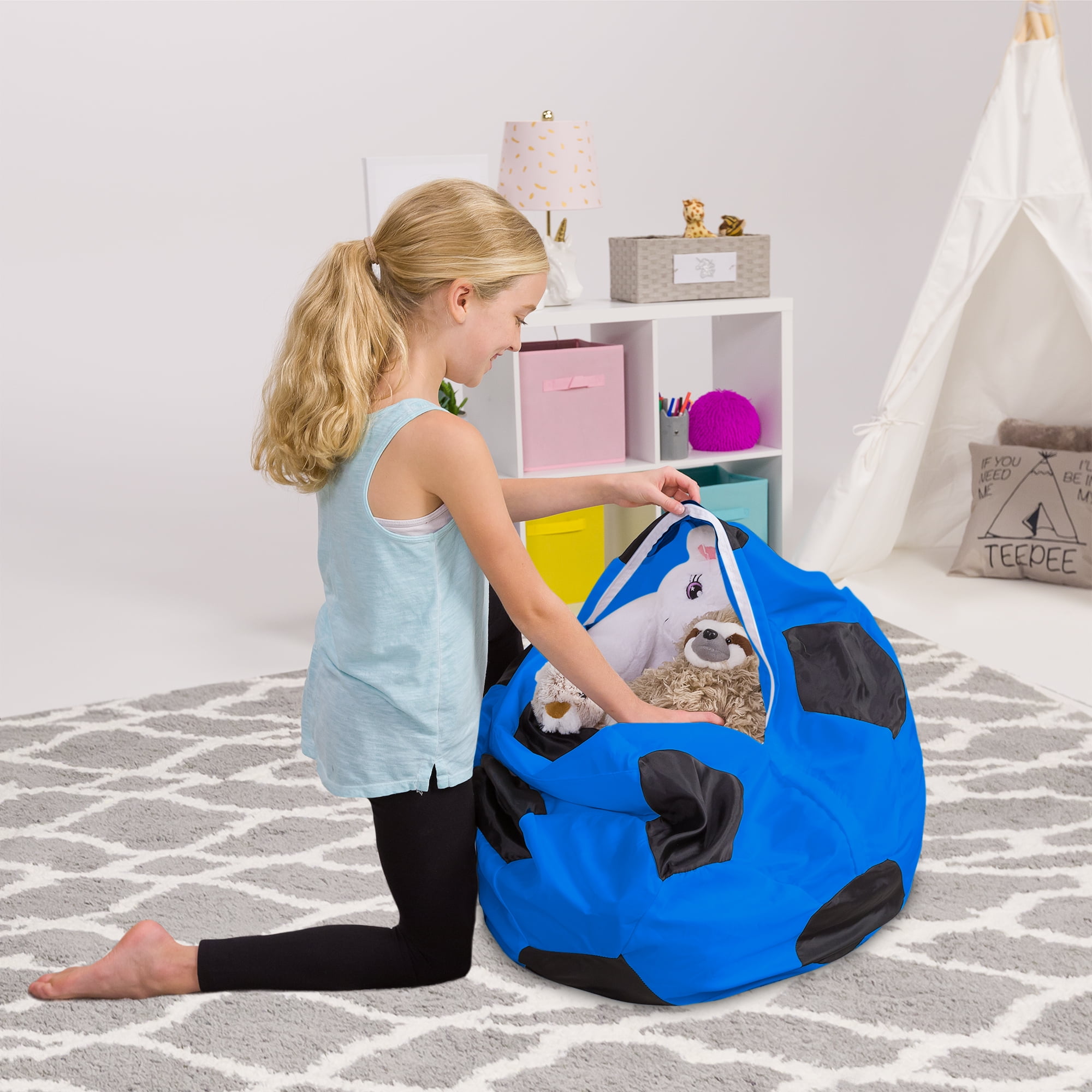 Posh Creations Bean Bag Stuffable Cover Only for Storage, Kids, Canvas, 2ft, Soccer, Blue & Black