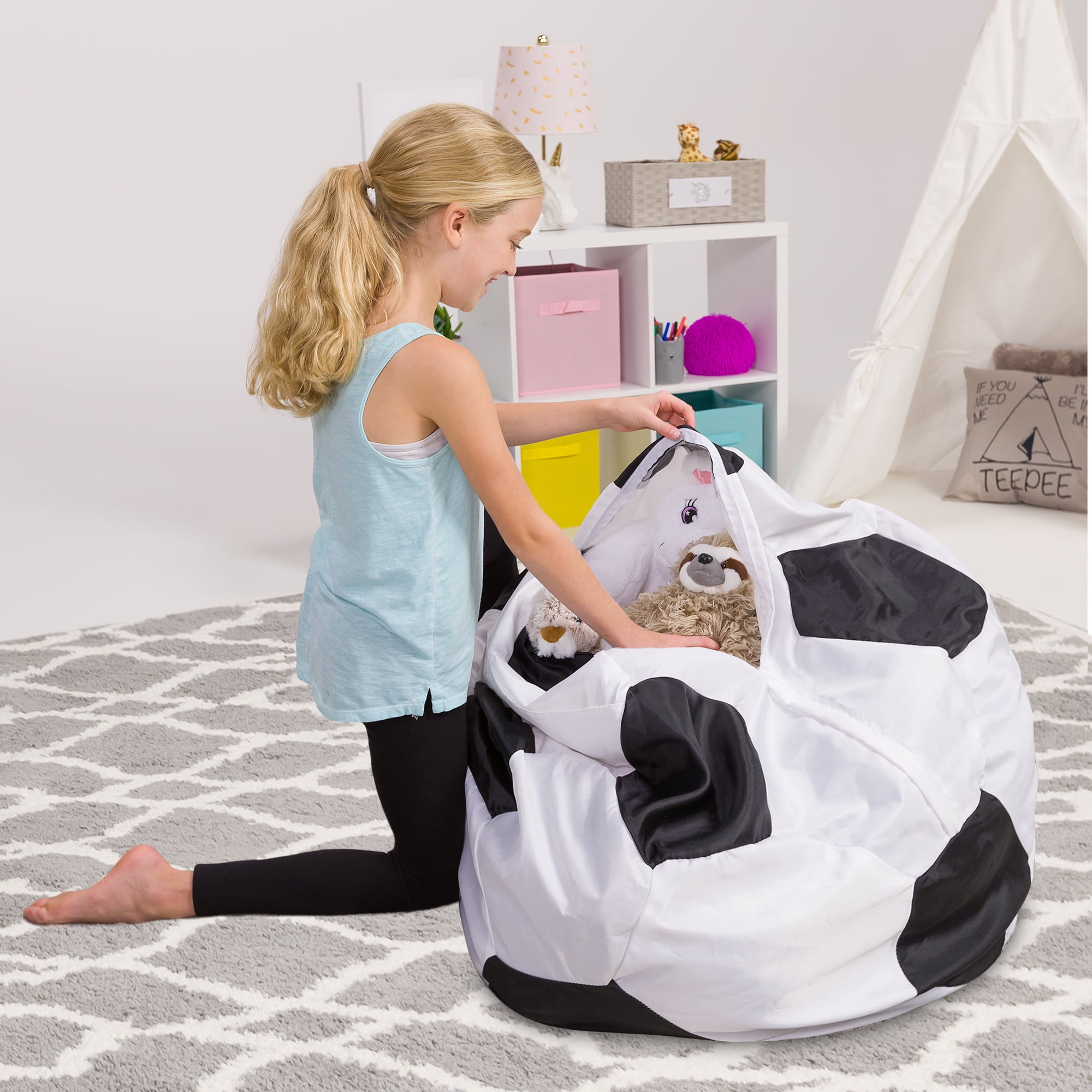 Posh Creations Bean Bag Stuffable Cover Only for Storage, Kids, Canvas, 4ft, Soccer, White & Black