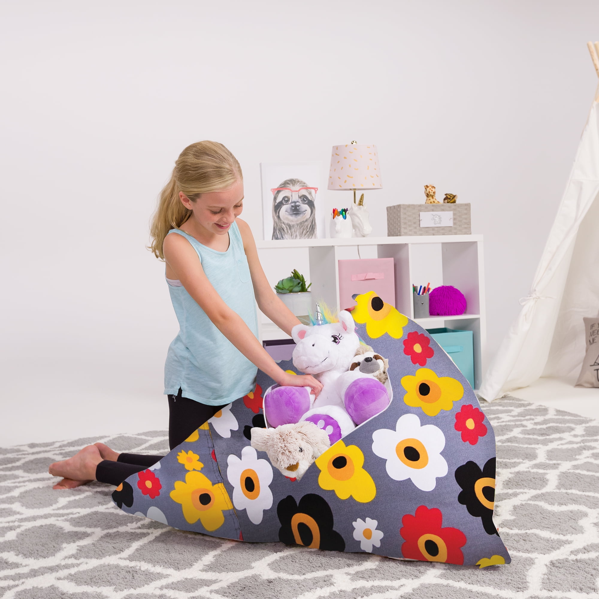 Posh Creations Bean Bag Stuffable Cover - Toy Organizer, Canvas Cover, Kids, 4 ft, Multicolored Flowers on Gray