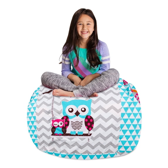 Posh Creations Bean Bag Stuffable Cover - Toy Organizer, Soft Cover, Kids, 3 ft, Canvas Owls Gray & Blue