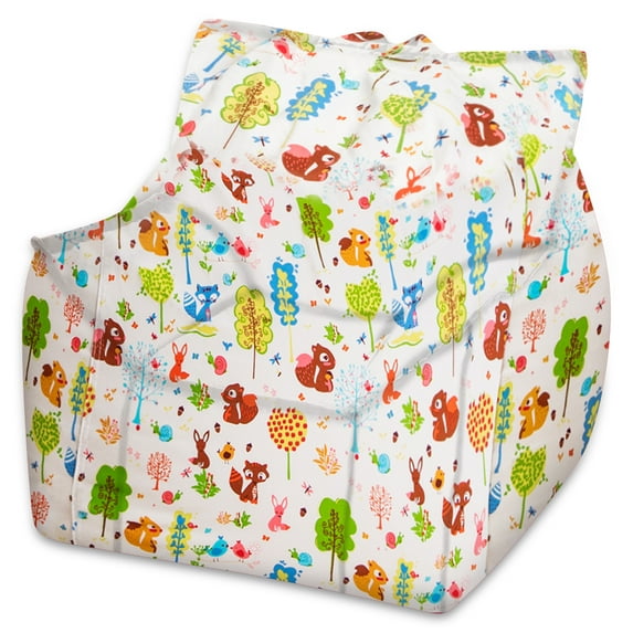 Posh Creations Newport Bean Bag Chair, Bead Filled Seat, Kids & Teens, Canvas, 2.1 ft, Forest Critters on White