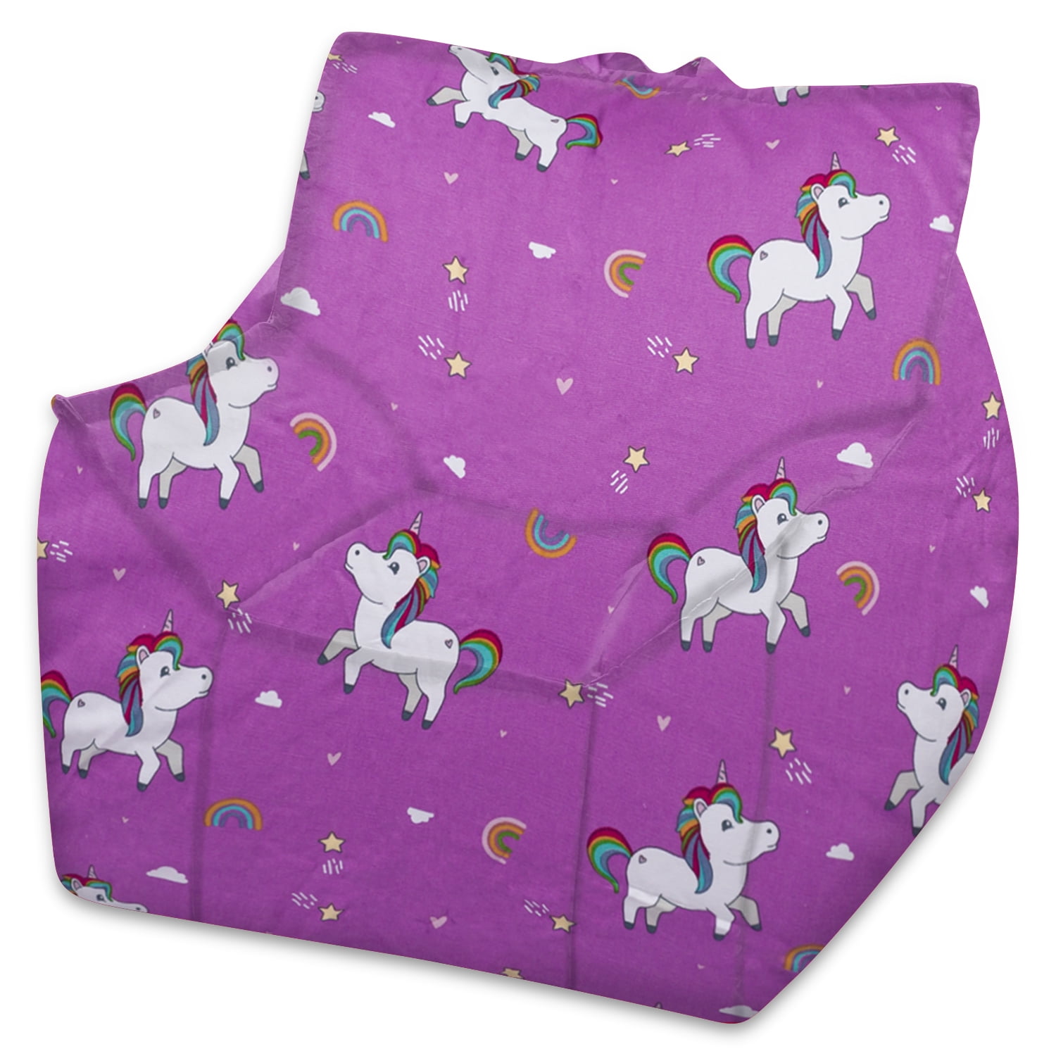 Posh Creations Newport Bean Bag Chair, Bead Filled Seat, Kids & Teens, Canvas, 2.1 ft, Unicorns and Rainbows on Purple