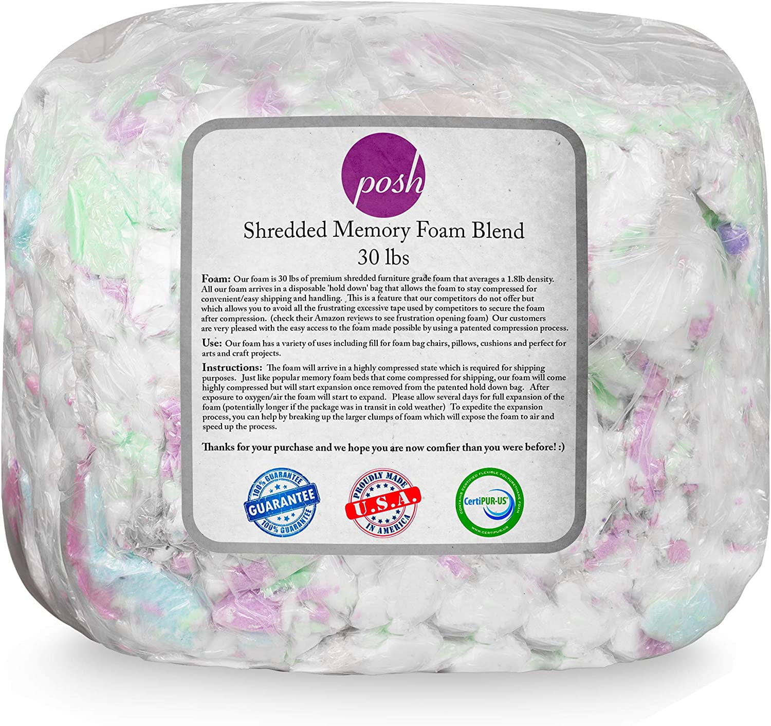 Posh Creations Refill Foam Filling, Bean Bag Refill, Kids, Adults, 30 lbs, MultiColor