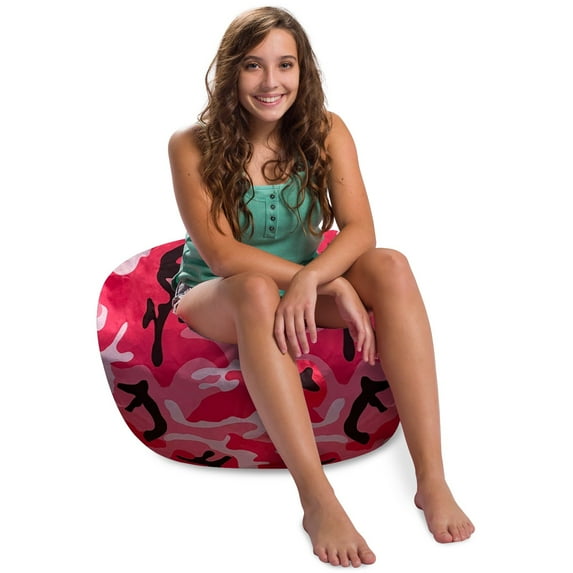 Posh Creations Structured Bean Bag Chair, Classic Round,Kids,2.5 ft,Nylon,Camo Pink, Black