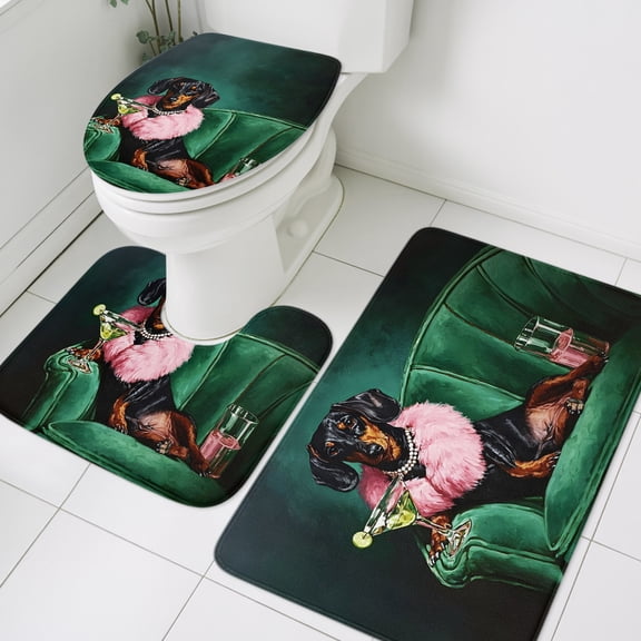 Posh Dachshund Bathroom Rugs Set Pink Fur Stole Black Animal Cocktail Party Dark Green Non Slip Absorbent Soft Bath Mats 3 Piece Set, Bathroom Rug, U-Shaped Floor Mat, Toilet Seat Cover Large Size