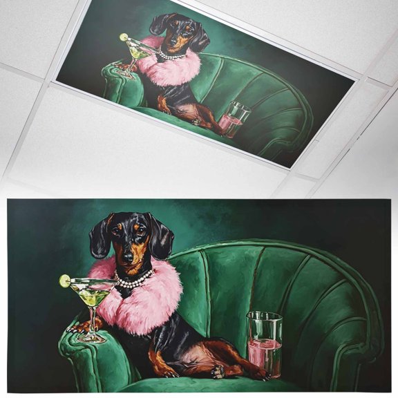 Posh Dachshund Fluorescent Light Covers Pink Fur Stole Black Animal Cocktail Party Dark Green Magnetic Light Filters Ceiling Lighting Panel Shade for Classroom Office Home 2 x 4 ft, 1 Pack