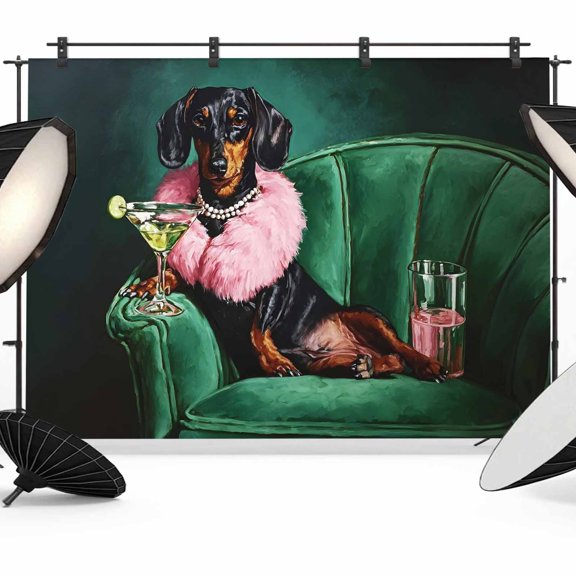Posh Dachshund Photography Backdrop 8x6FT, Pink Fur Stole Black Animal Cocktail Party Dark Green Photo Backdrops, Background for Photography Studio Photo Studio Background, Back Drop for Photoshoot