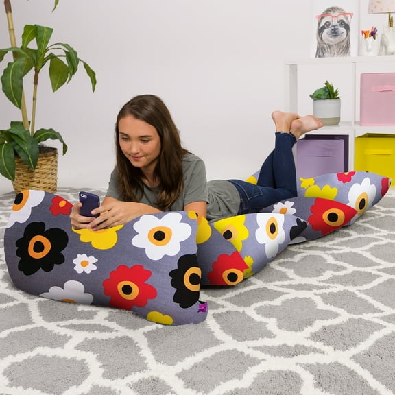 Posh Kids Floor Pillow Cover - Premium Cushion and Lounger Covers for Pillows (Pillows Not Included), Multicolored Flowers on Gray