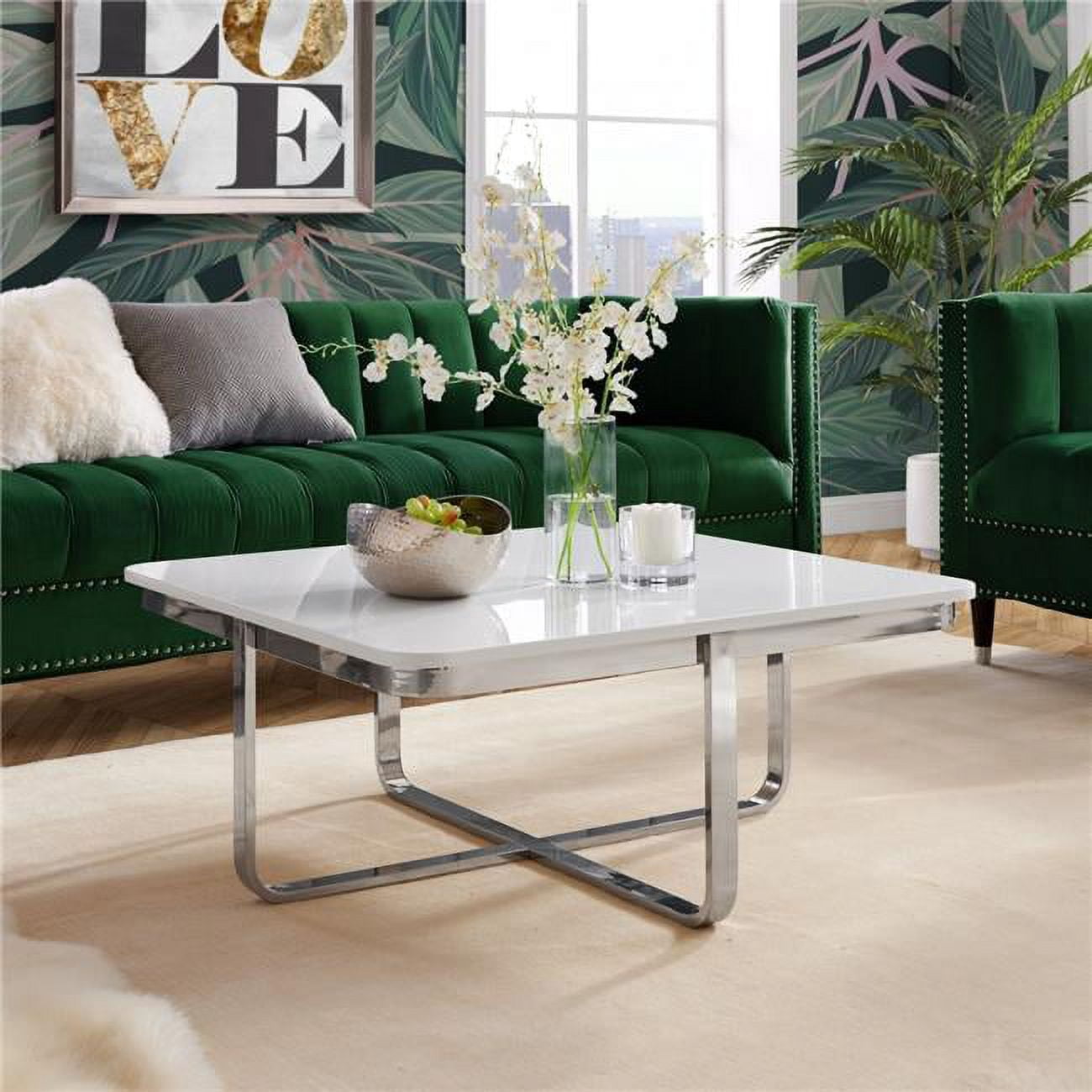 Kaloni White and Chrome Square Coffee Table with MDF Top