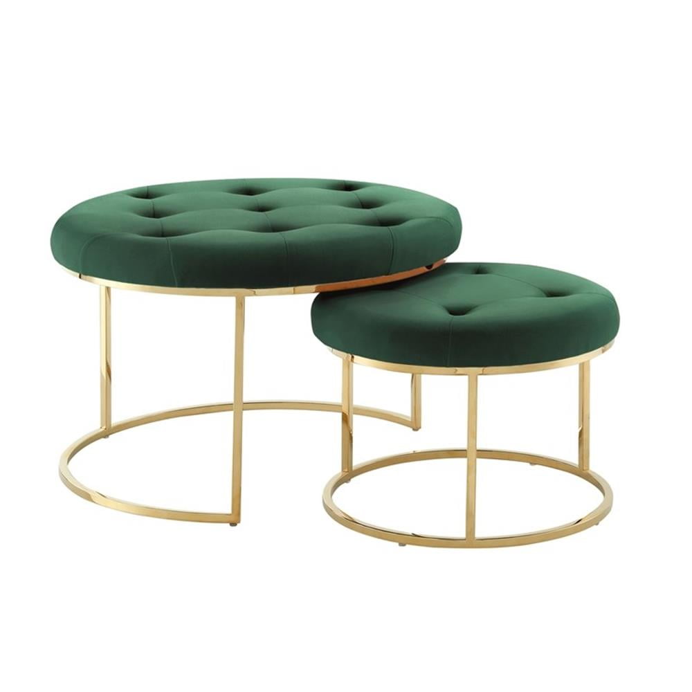 Green Velvet and Chrome Round Tufted Nesting Ottomans Set