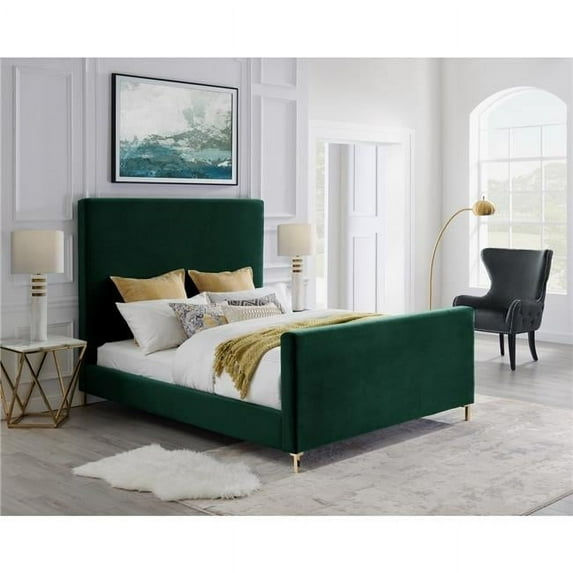 Posh Living Alex Velvet Upholstered Platform Queen Bed in Hunter Green