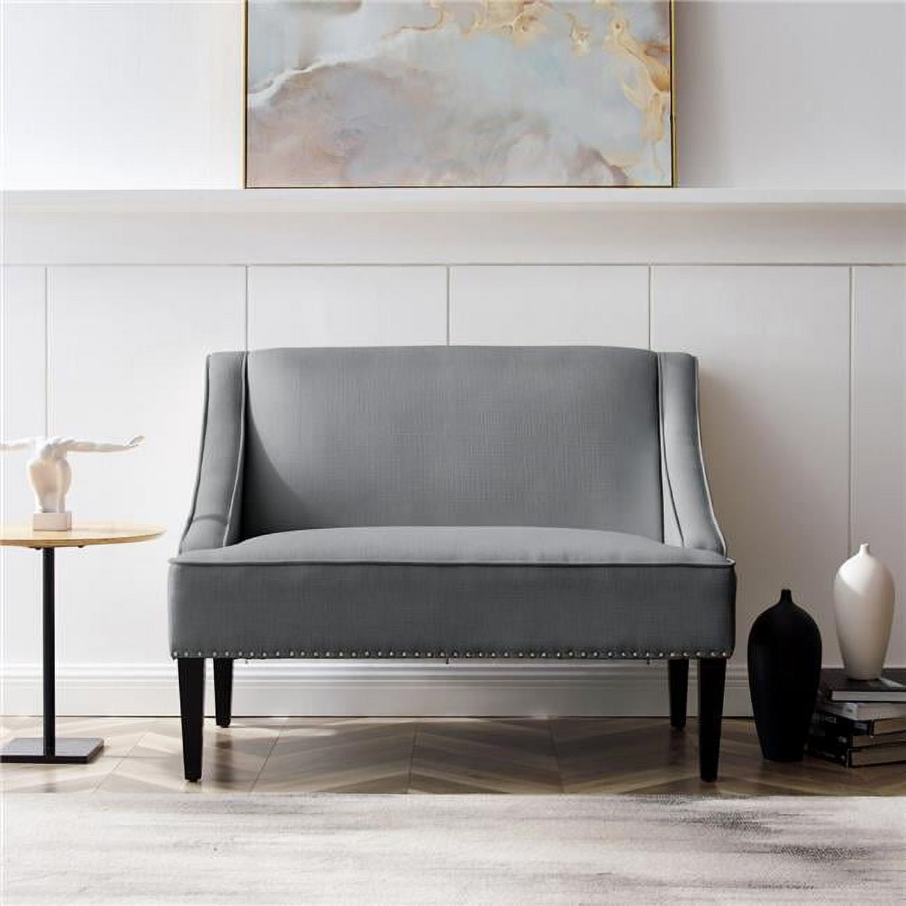 Clare Espresso Finish Light Grey Linen Swoop Arm Settee Bench