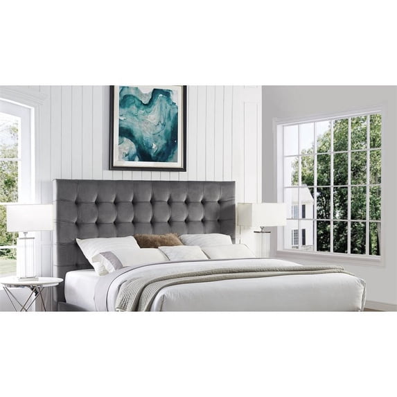 Posh Living Blake Button-Tufted Velvet King Headboard in Gray