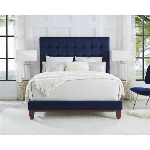 Posh Living Blake Button-Tufted Velvet Platform King Bed Frame in Blue
