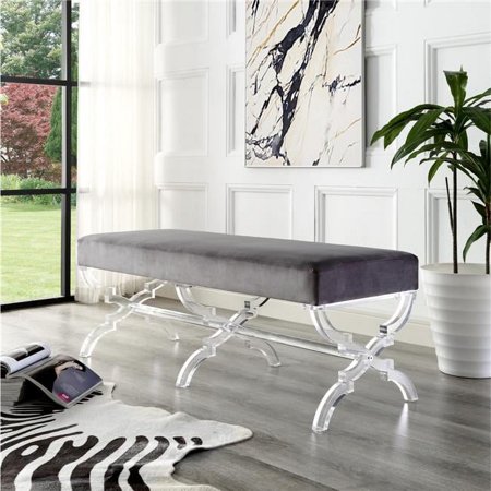 Posh Living Brayden Velvet Upholstered Bench with Acrylic X-Legs in Gray