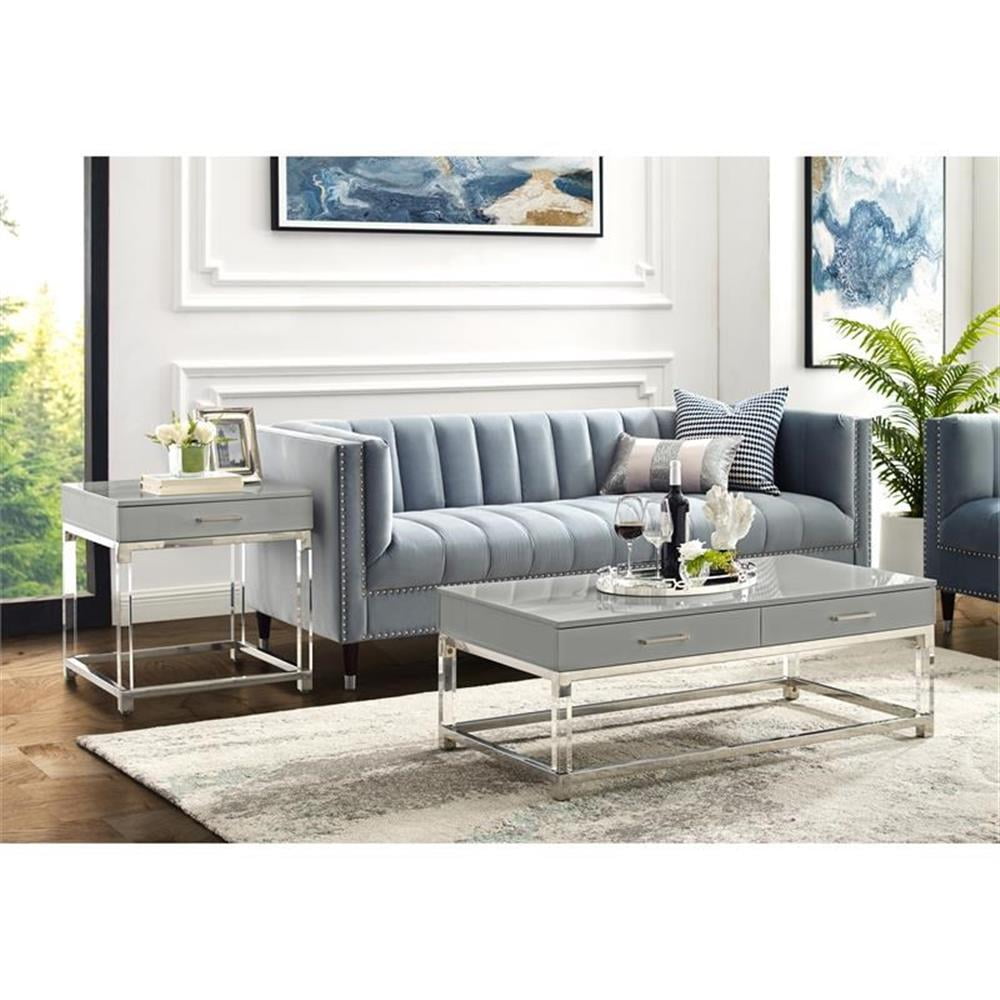 Light Grey and Chrome 1-Drawer End Table with Acrylic Legs