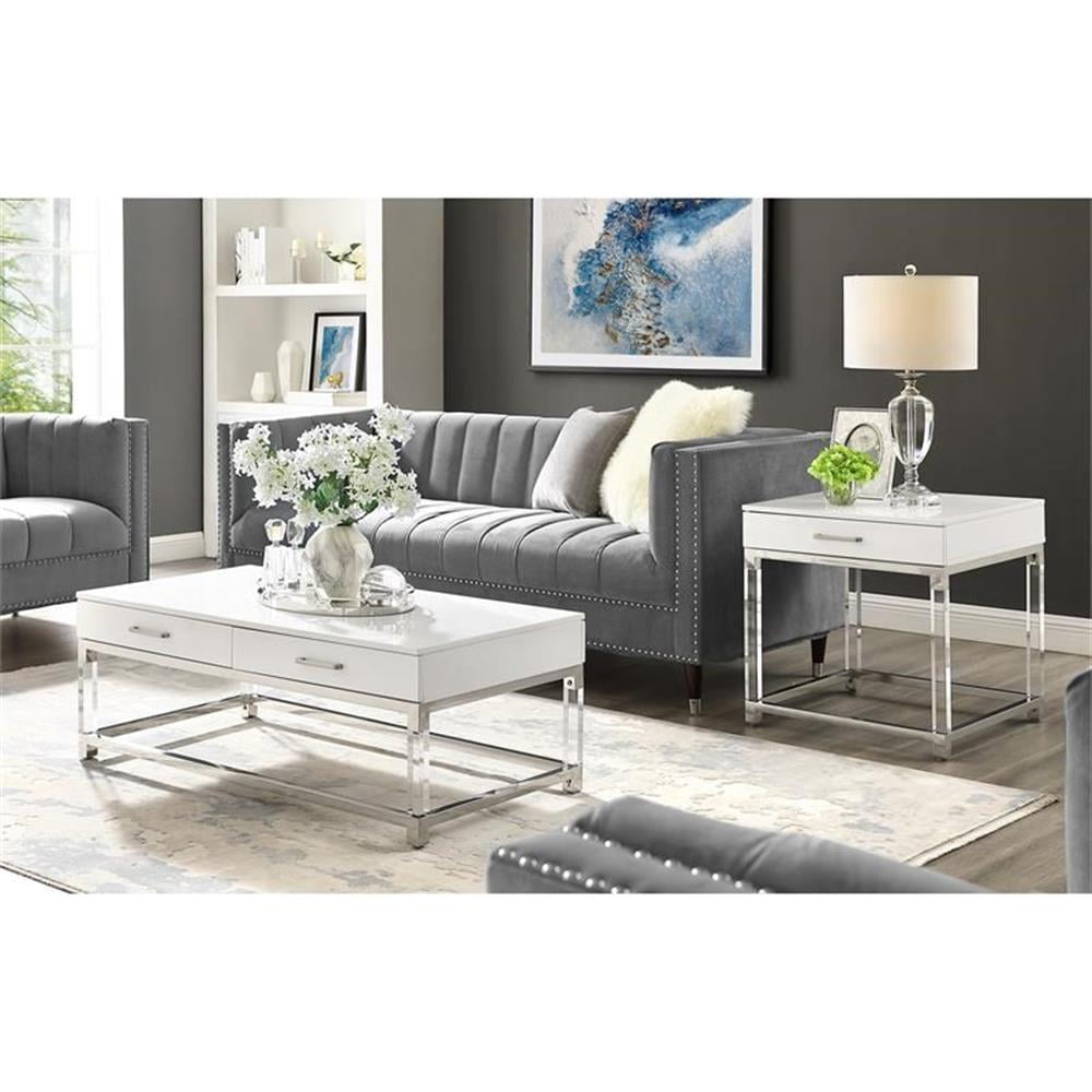 White and Chrome 1-Drawer End Table with Acrylic Legs