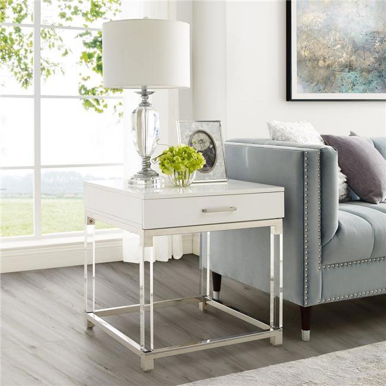 White and Chrome 1-Drawer End Table with Acrylic Legs