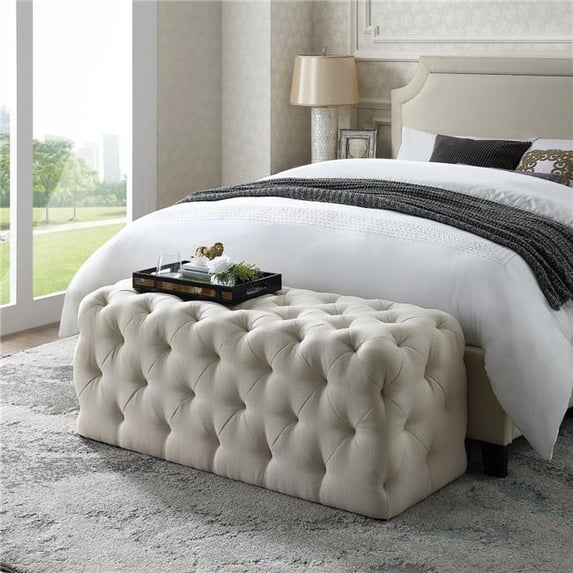 Posh Bench Posh Living Brice Modern Button-Tufted Linen Fabric Bench in Cream ...