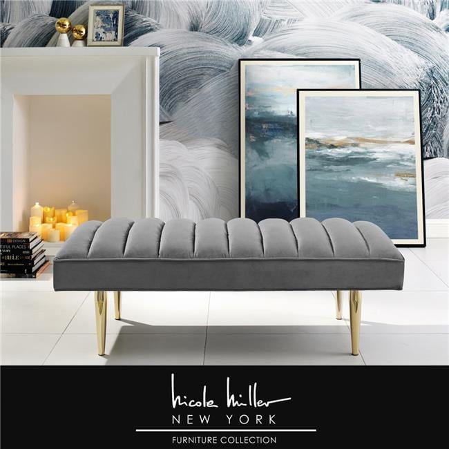 Posh Bench Posh Living Darian Tufted Velvet Bench with Metal Legs in Light Gray ...