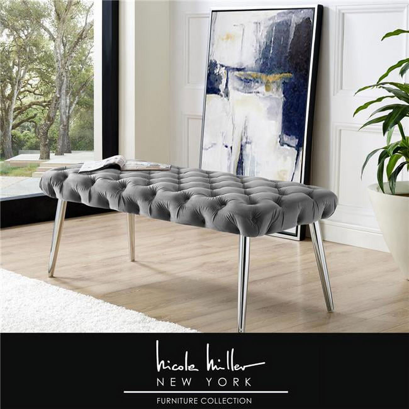 Posh Bench Posh Living Dia Button Tufted Velvet Bench with Metal Legs in Gray ...