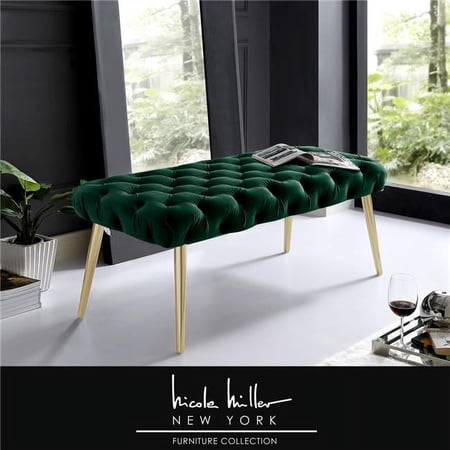 Posh Living Dia Button Tufted Velvet Bench with Metal Legs in Hunter Green/Gold