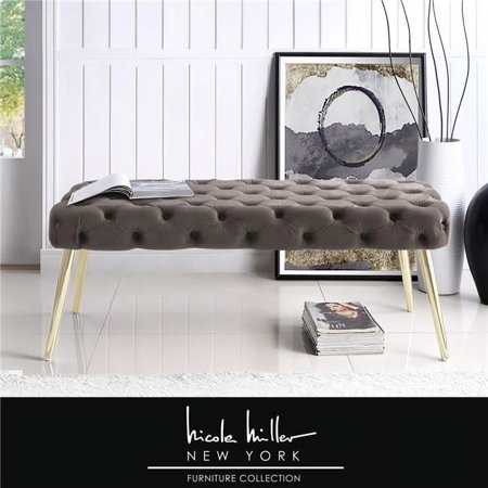 Posh Living Dia Button Tufted Velvet Bench with Metal Legs in Taupe/Gold