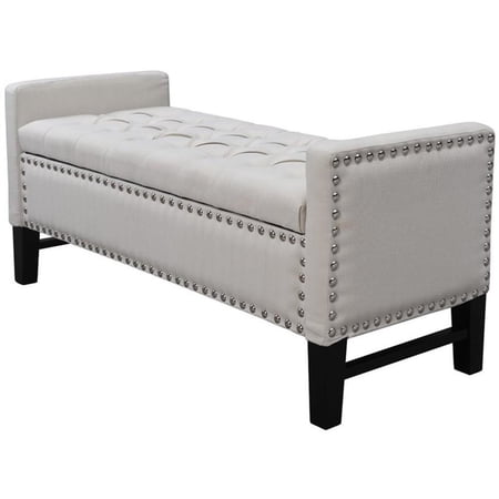 Posh Living Genesis Linen Fabric Storage Bench with Nailhead Trim in Cream/White