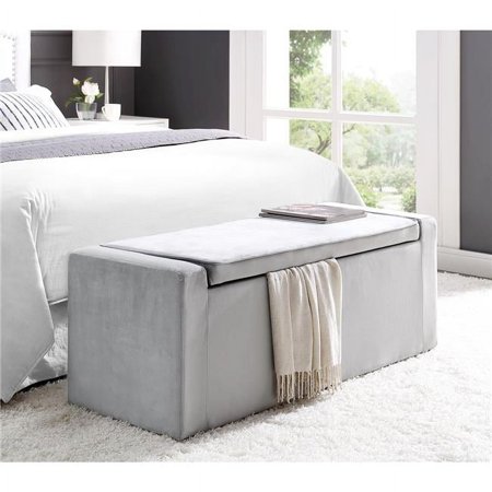 Posh Living Jake Velvet Upholstered Bench with Shoe Storage in Gray