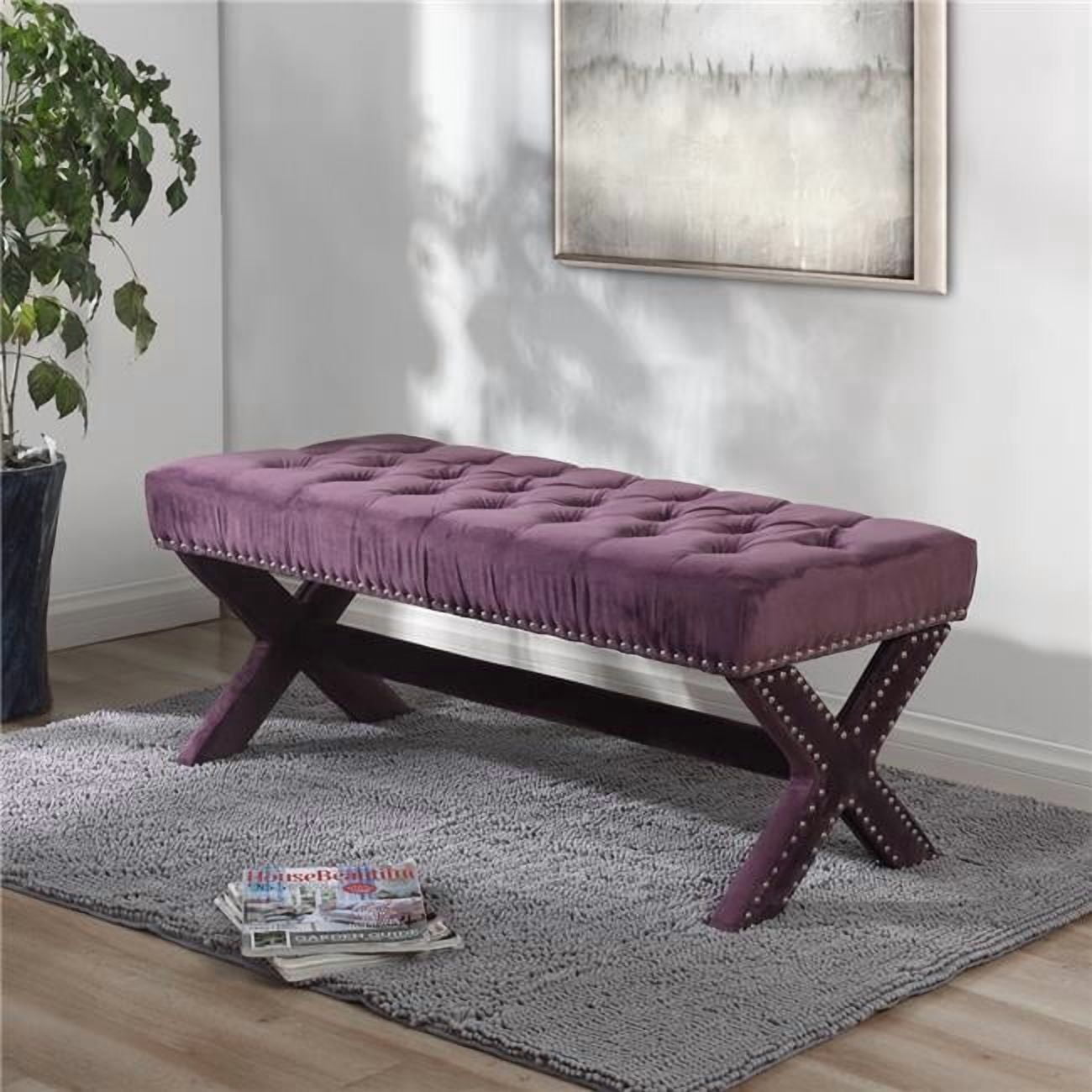 Posh Bench Posh Living Kennedy Tufted Velvet Bench with Nailhead Trim in Purple ...