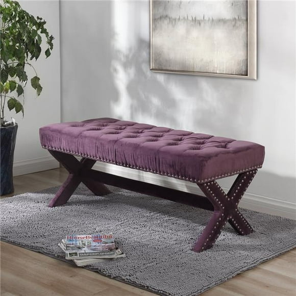 Posh Living Kennedy Velvet Button Tufted Silver Nailhead Trim X-Leg Bench - Plum