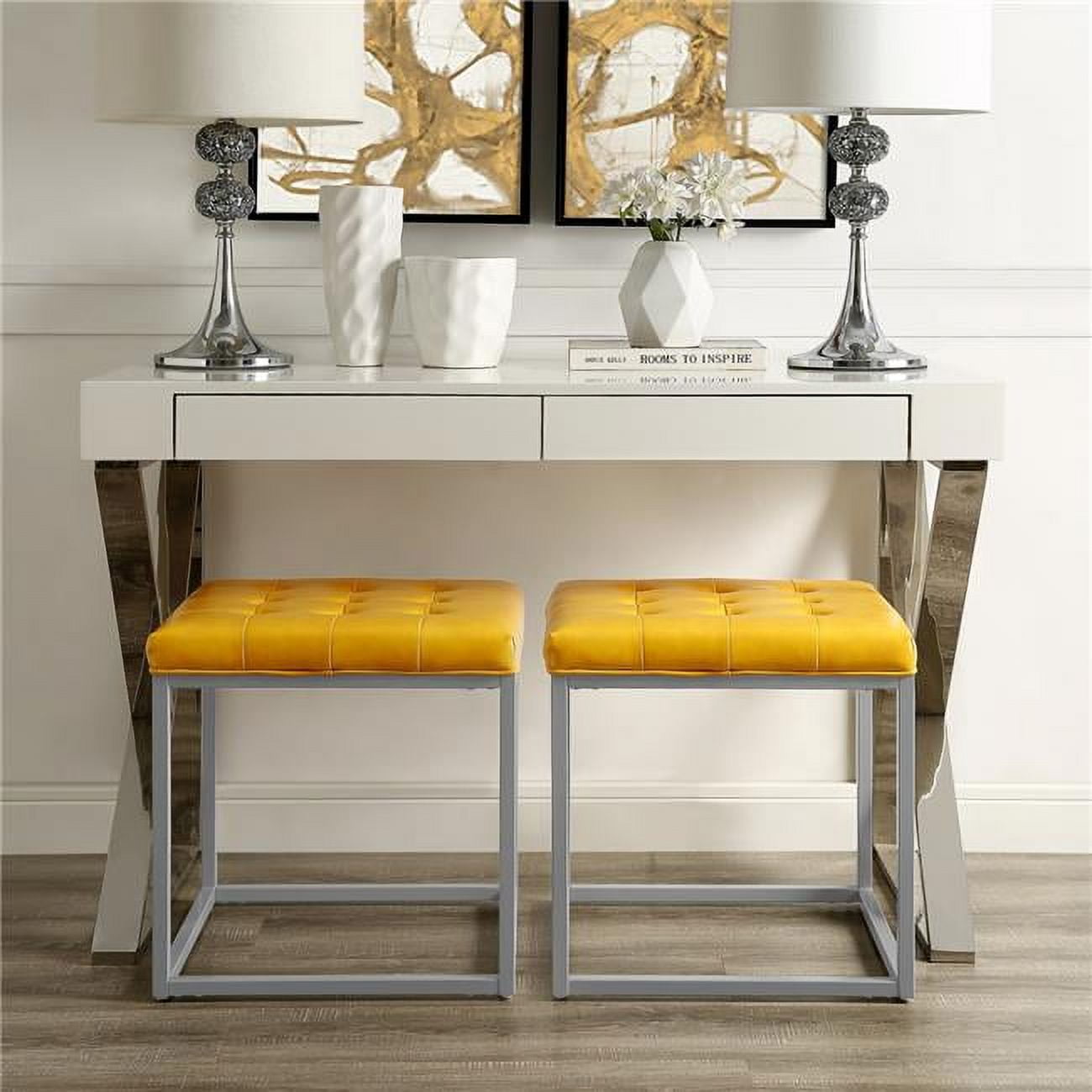 Contemporary Yellow PU Leather Tufted Ottoman with Silvertone Frame