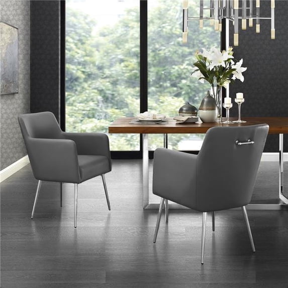 Posh Living DC91-01GR2 Perogo Leather PU Square Arm with Handle Dining Chair - Grey & Chrome - 33.5 x 22 x 25 in. - Set of 2