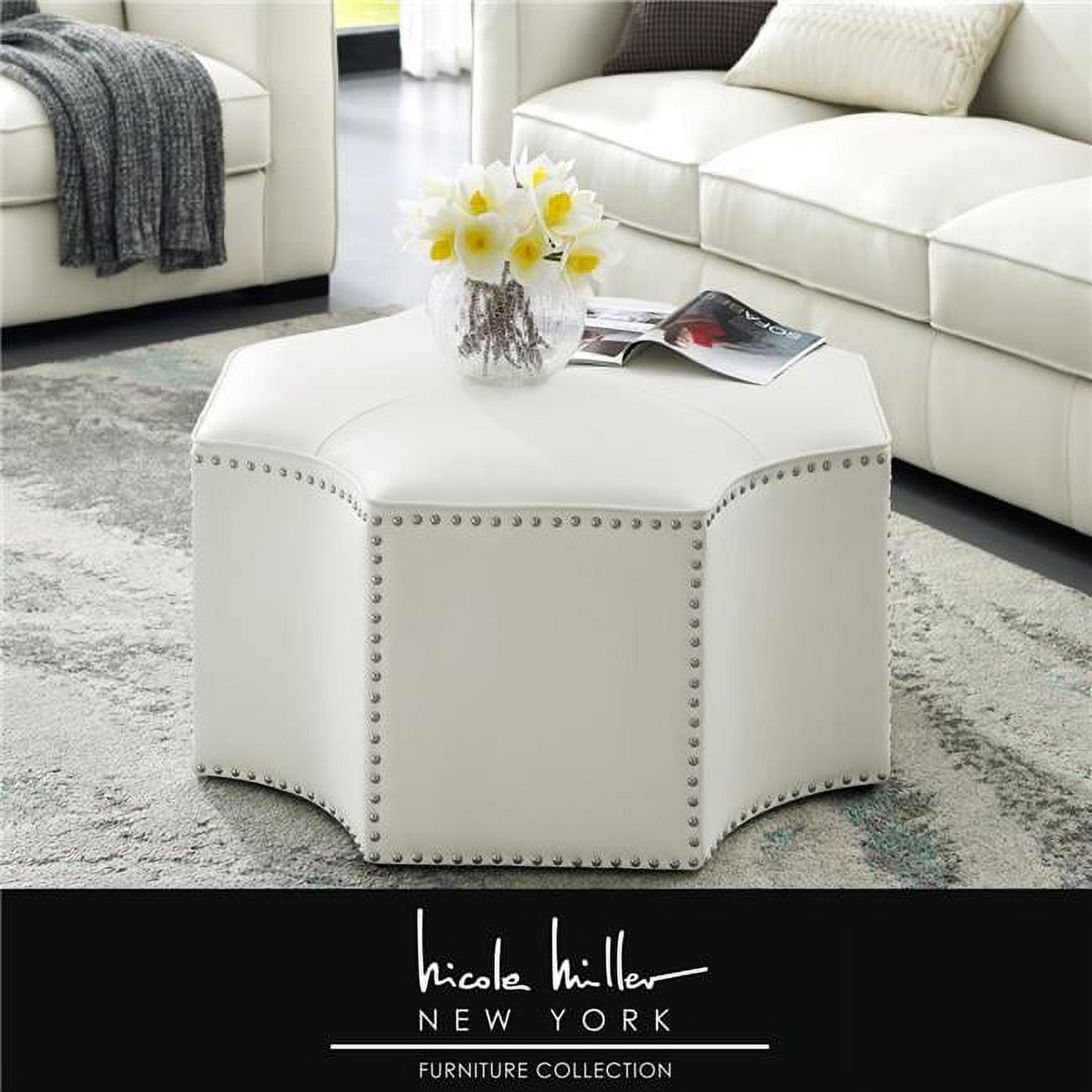 Elegant Faux Leather Tufted Octagon Cocktail Ottoman with Nailhead Trim, White