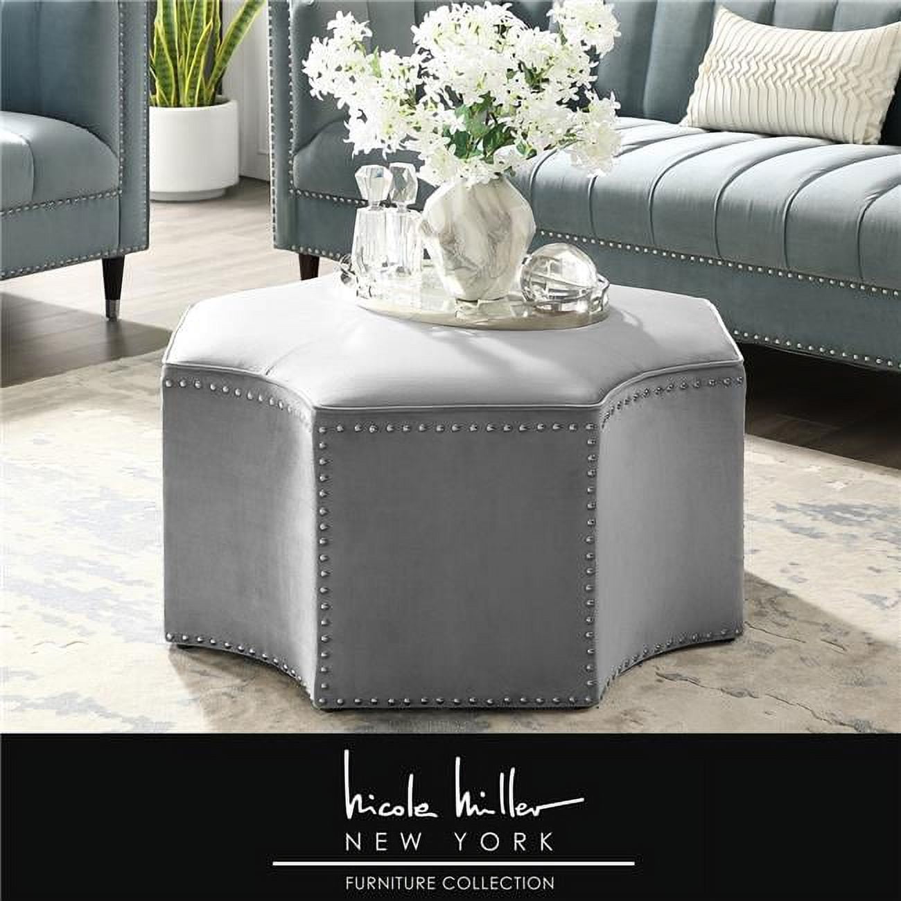Elegant Gray Linen Octagon Cocktail Ottoman with Chrome Legs