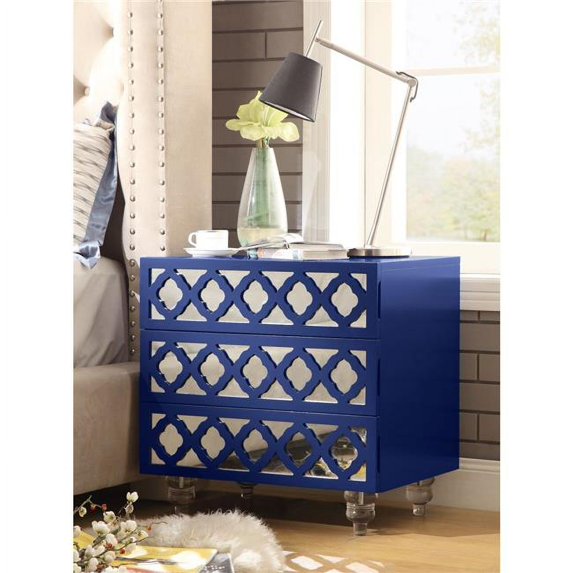 Posh Living Serenity 3-Drawer Mirrored Trellis Pattern Nightstand in Navy Blue