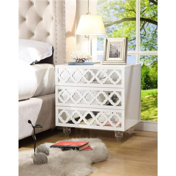 Posh Living Serenity 3-Drawer Mirrored Trellis Pattern Nightstand in White