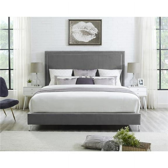 Posh Living Tristan Tufted Velvet Platform King Bed Frame with Nailhead in Gray