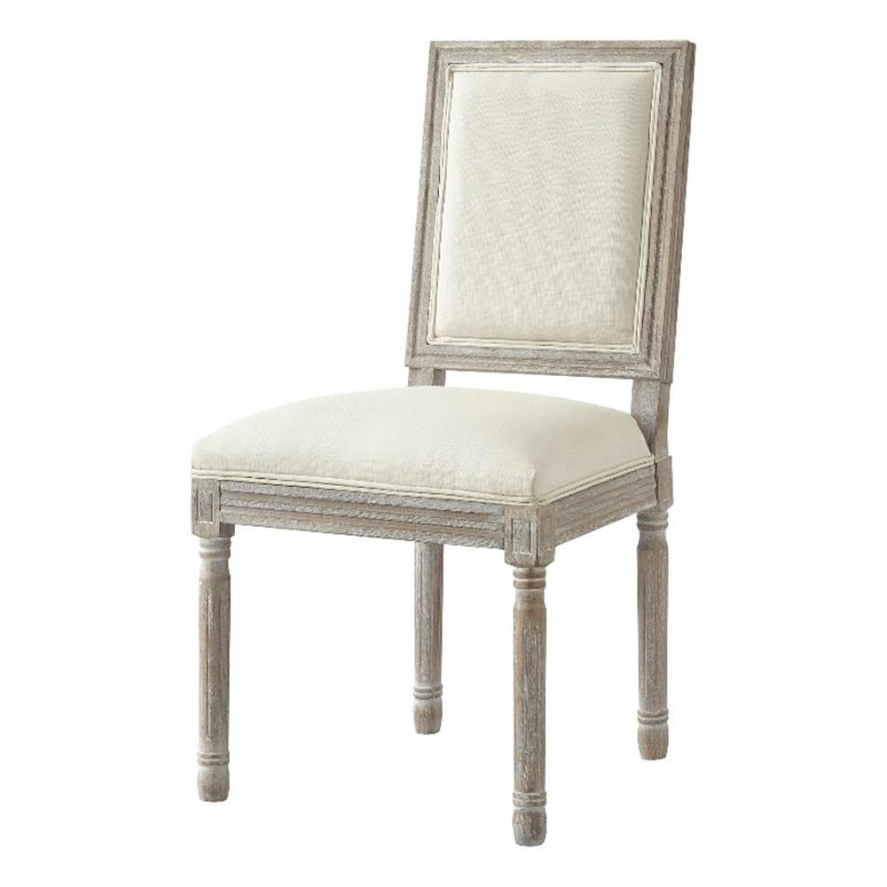 Elegant Linen Upholstered Side Chair in Antique White Wood