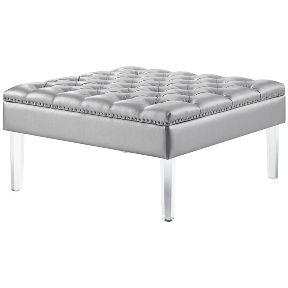 Silver Tufted PU Leather Square Cocktail Ottoman with Acrylic Legs