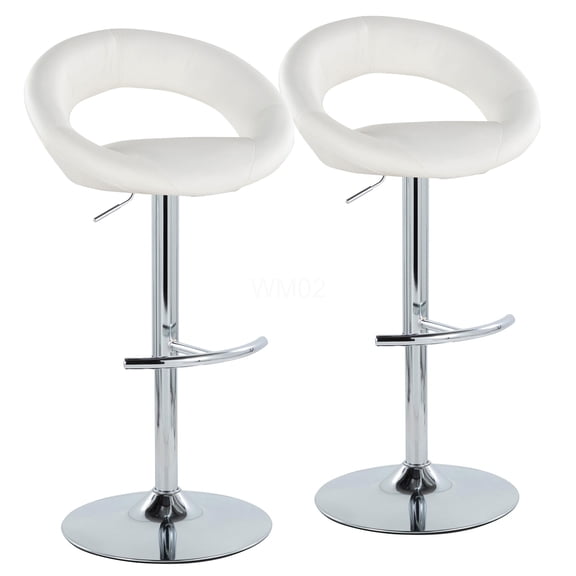 Posh Modern Adjustable Swivel Bar Stool Set of 2, White Faux Leather Seat with Chrome Metal Base and T-Footrest