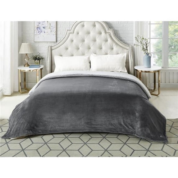 Posh Pascal 90"x90" Reversible Flannel Heathered Sherpa Blanket in Dark Gray