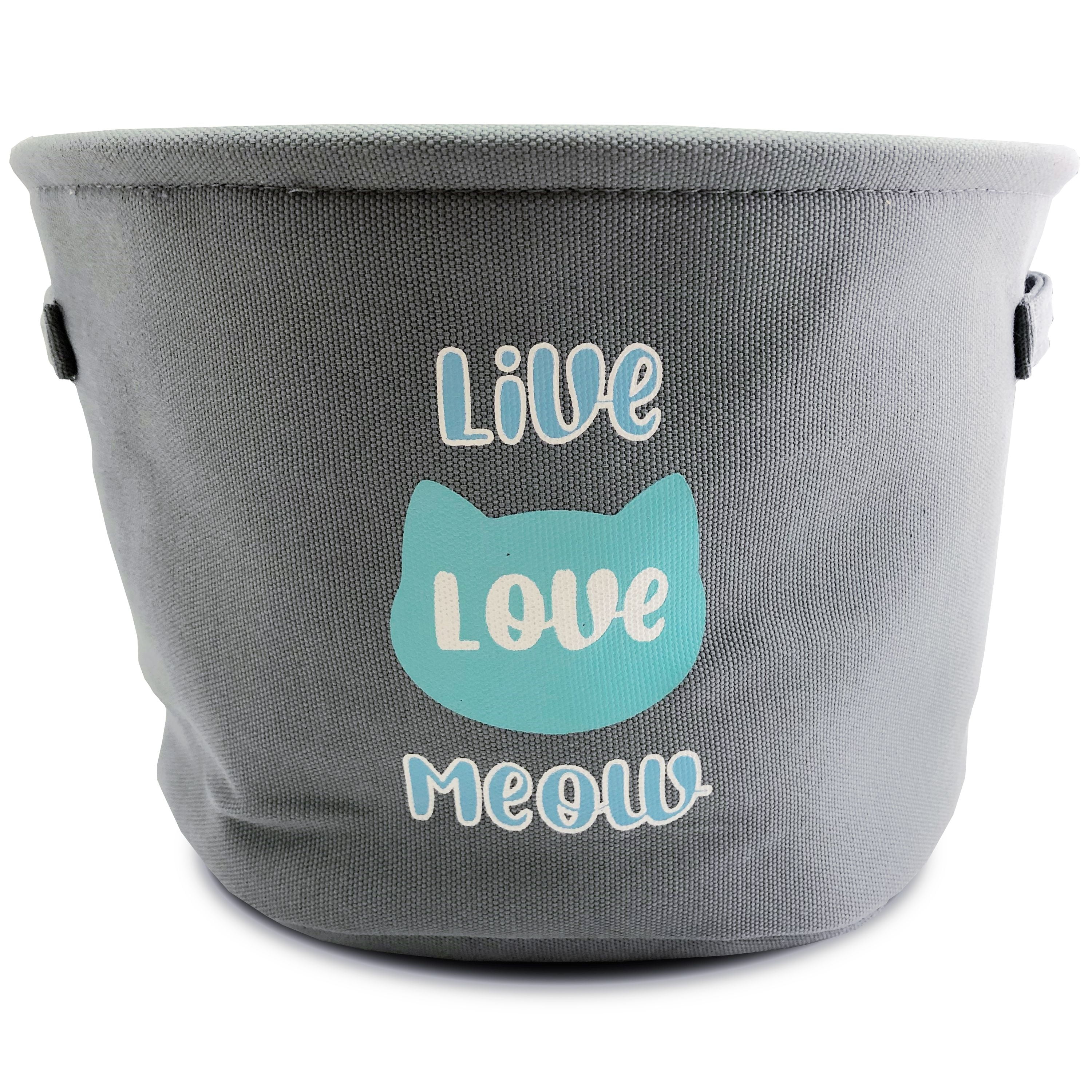 Posh Paws  Canvas Storage Bin with printed lining. Size: L: 12 x H: 8 Gray. Live Low Meow Screen Print. Cat Toy Bin