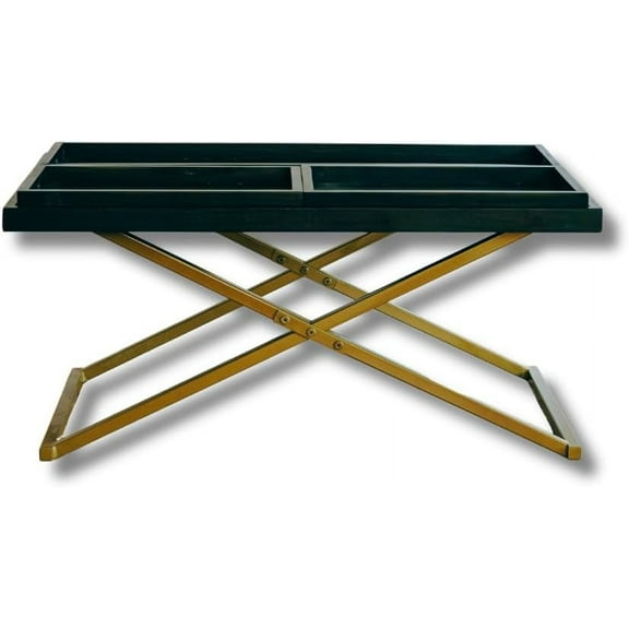 Posh Pollen - Antique Black Wood Rectangle Coffee Table with 3 Serving Trays and Sturdy Gold Metal Frame