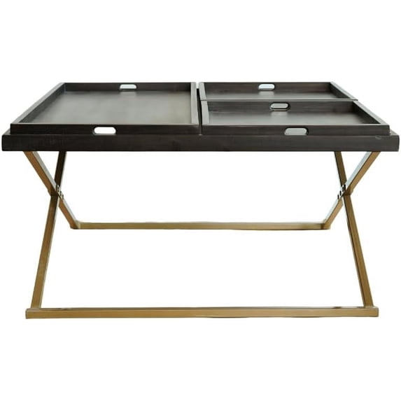 Posh Pollen - Antique Black Wood Square Coffee Table with Removable Divider Trays and Gold Metal Frame - 42 Inch