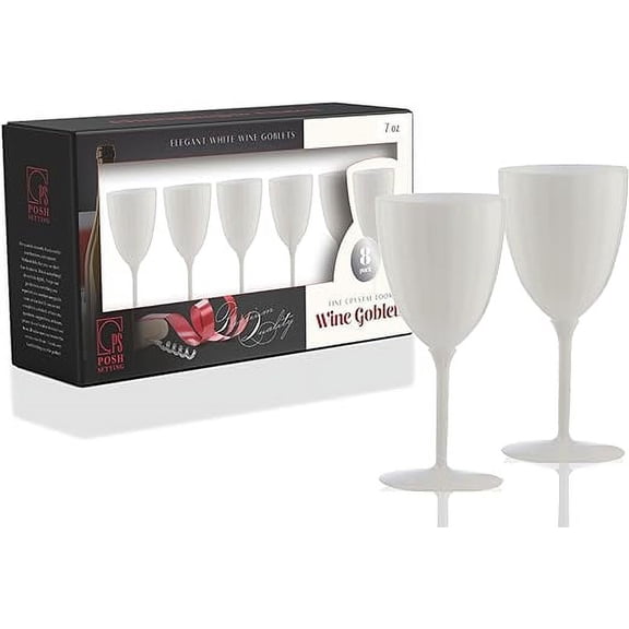 Posh Setting 7oz, White Plastic Wine Glasses Hard Plastic Disposable Stemware, Drinking Cups with stem for Toasting, Weddings parties Plastic Wine cups for Home [8 Pack]