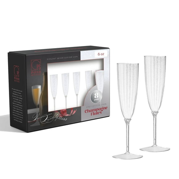 Posh Setting [8 Pack - 6 oz.] Plastic Champagne Flutes Silver Glitter Disposable Champagne Toasting Glasses Fancy Stemmed Cups for Parties, Weddings, and Dining Durable Reusable